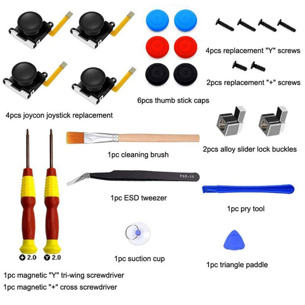 Verschillende gereedschappen en onderdelen voor een gamecontroller, inclusief schroevendraaiers en joystickonderdelen.