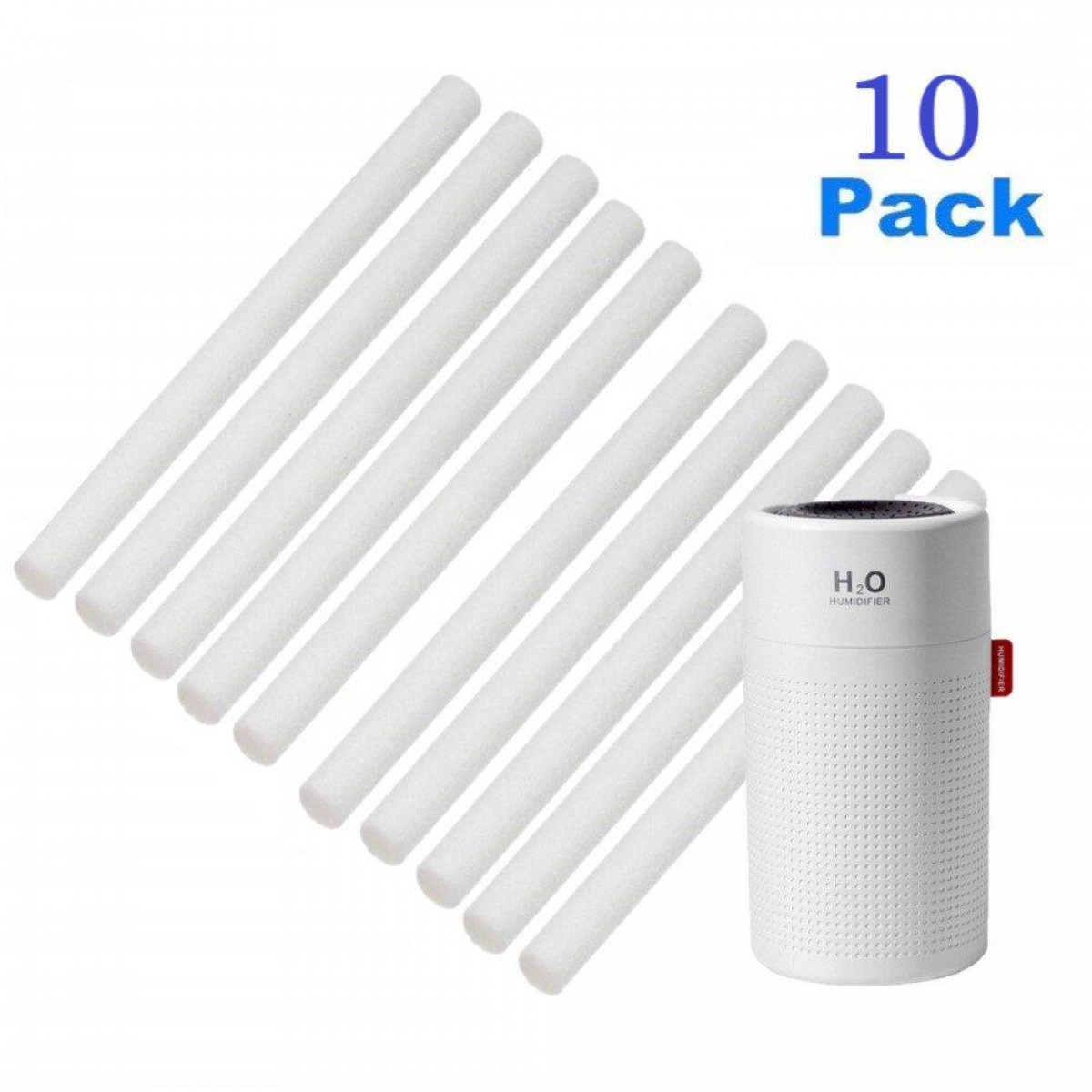 10 Pack of white humidifier sticks and a white humidifier. Text: H2O Humidifier.