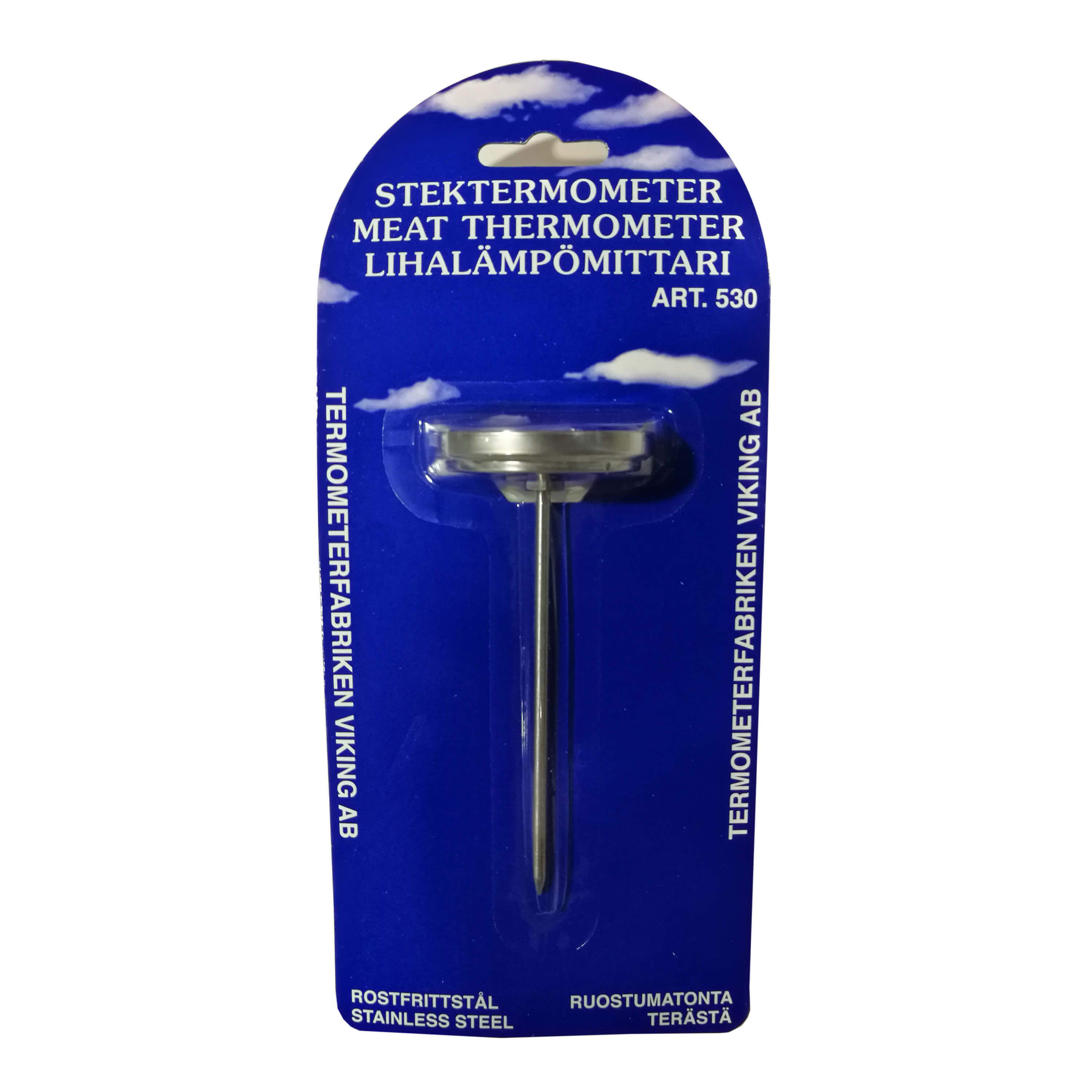 Un termometro per carne nella sua confezione, con una sonda in acciaio inossidabile e sfondo blu.