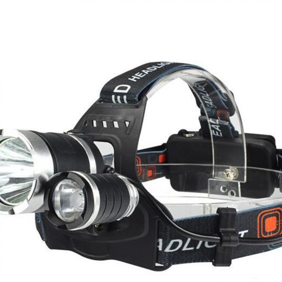 A black LED headlamp with two lights. It has a strap and is on a white background.