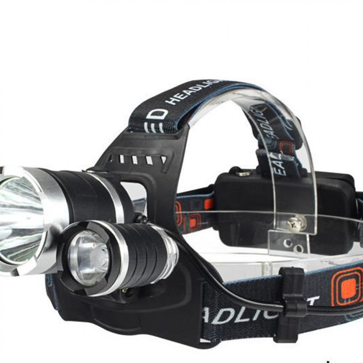 Headlamp with two lights and a headband. Black and silver design. White background.