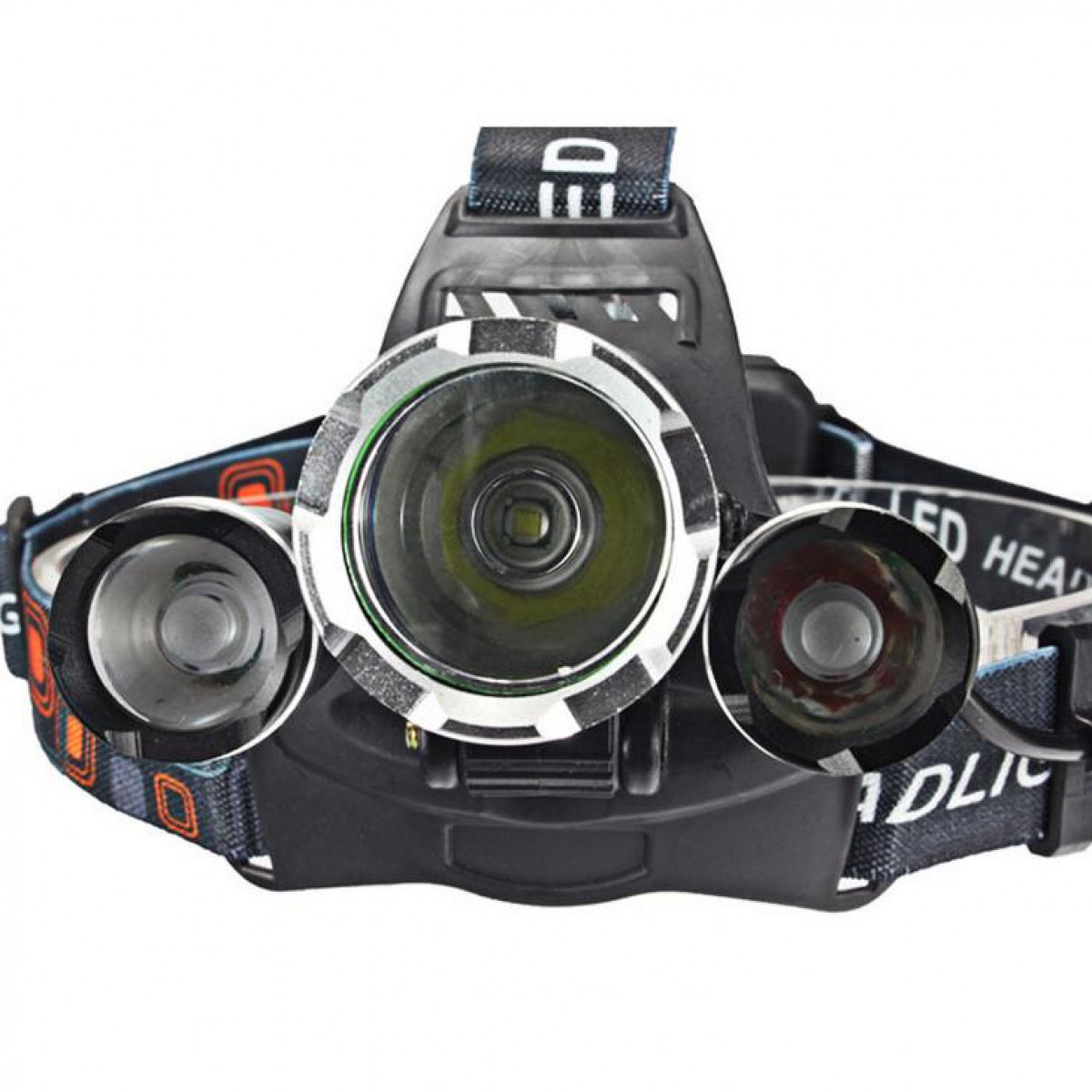 A headlamp with three lights, black and blue straps. The light is turned on.