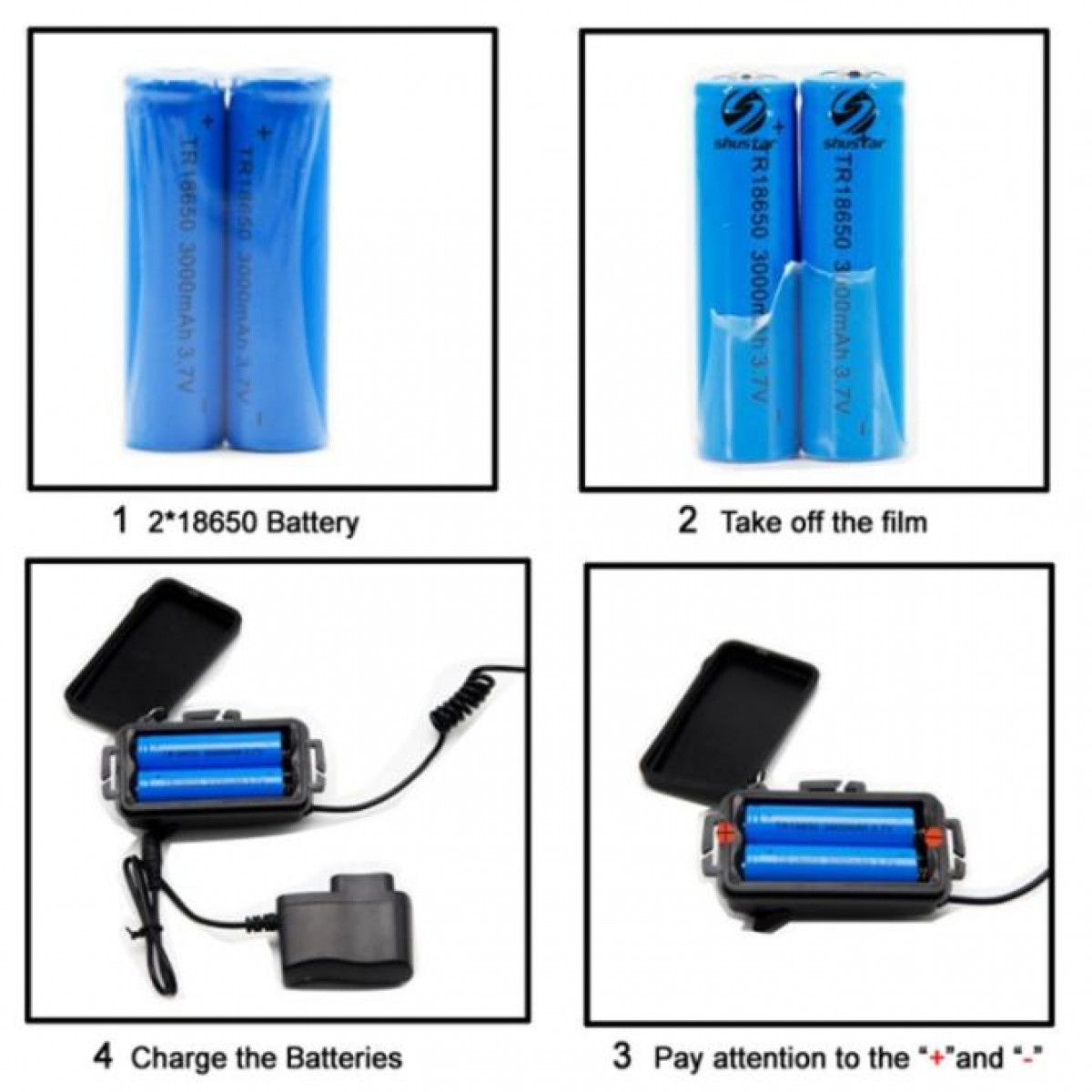 Four images showing battery and charger usage. Blue batteries in a case. White background.