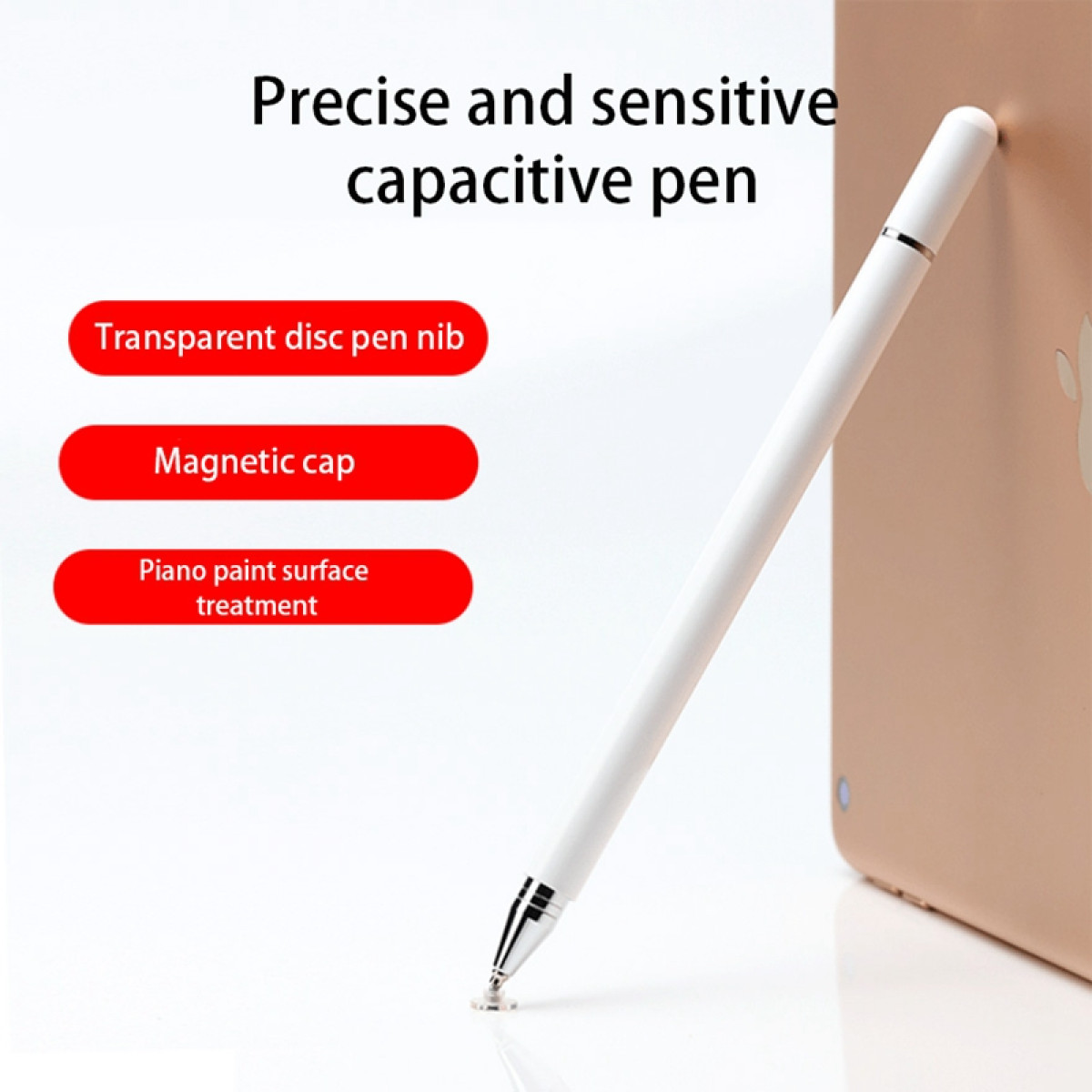 Weißer Stift mit transparenter Scheibenspitze neben einem goldenen Gerät. Rote Etiketten sagen: Transparente Scheibe, Magnetkappe und Pianolack.