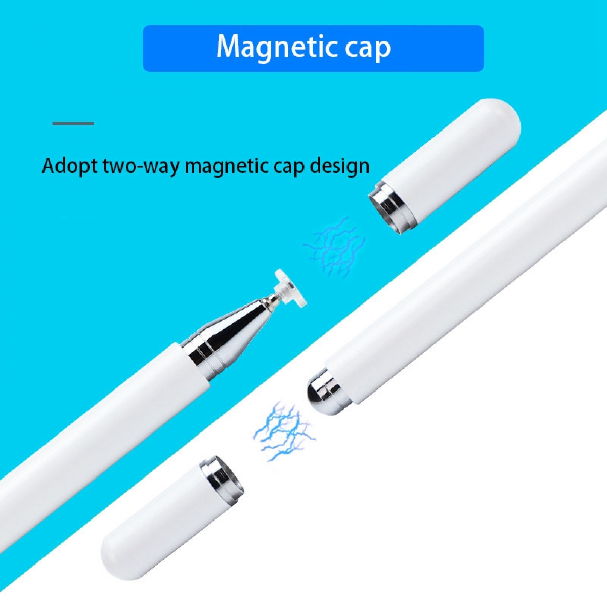Weißer Stylus-Stift mit Magnetkappen. Text zeigt ein Zwei-Wege-Magnetkappendesign an.