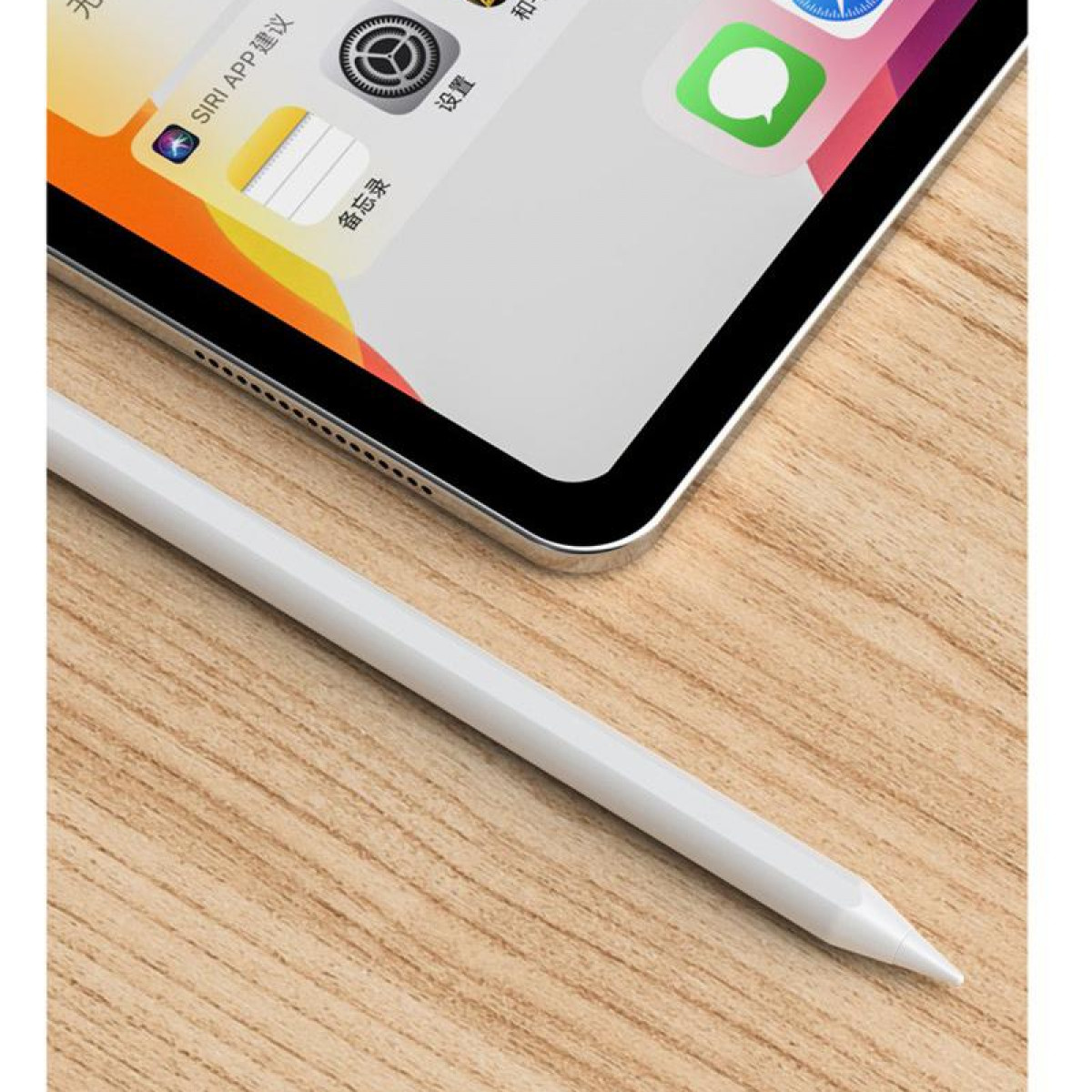 Tabletscherm met app-iconen, witte styluspen op houten oppervlak.