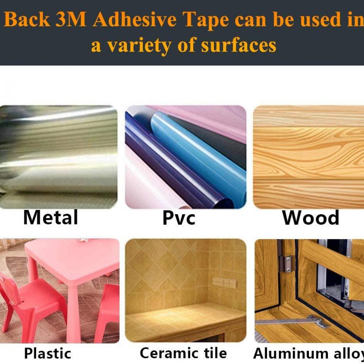 Images showing various surfaces where adhesive tape can be used: metal, PVC, wood, plastic, tile, and alloy.