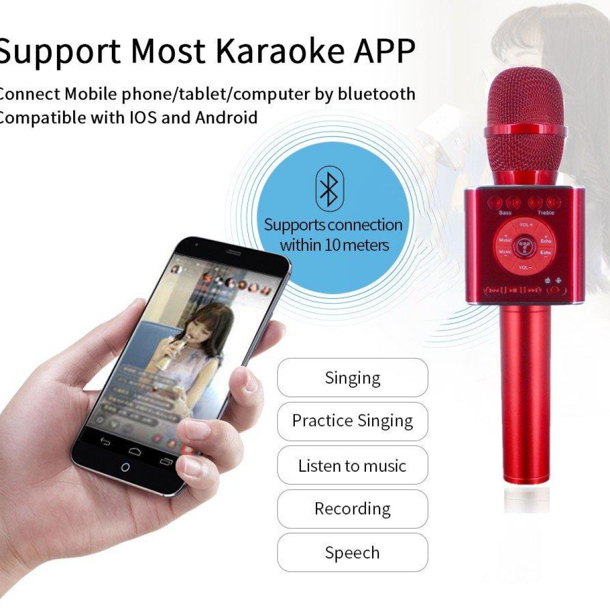 INF Kabelloses Bluetooth Karaoke-Mikrofon rot Mikrofon rot 2x5W Lautsprecher