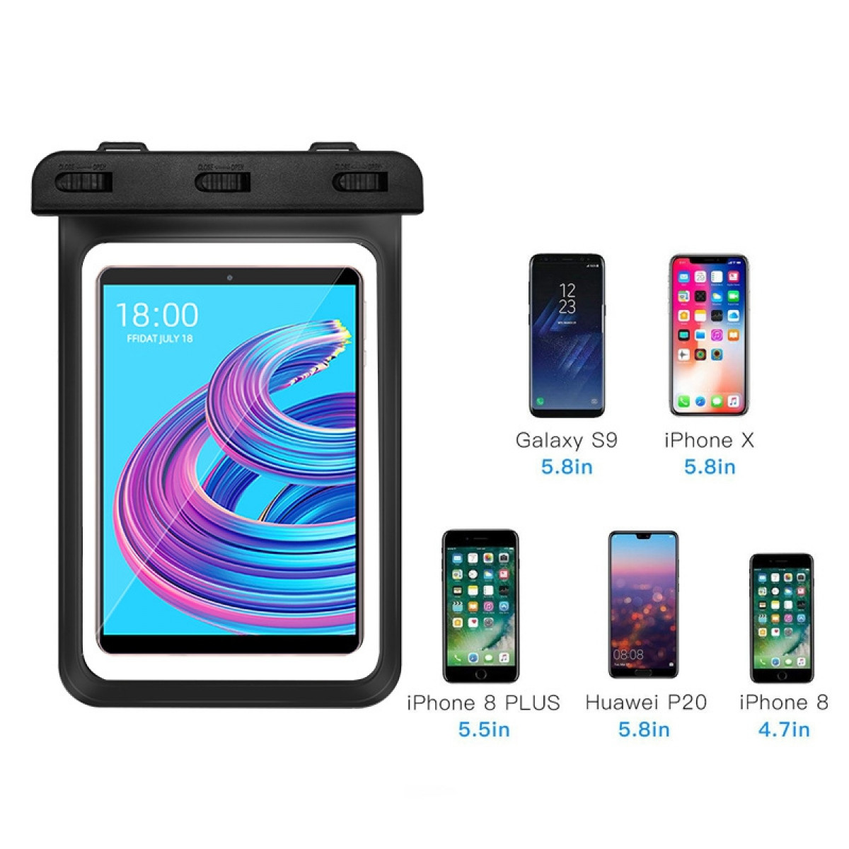 Wasserdichte Handyhülle mit Tablet und Handys, Galaxy S9, iPhone X, 8 Plus, Huawei P20 und iPhone 8.