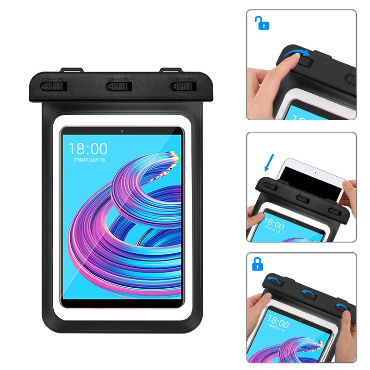 Ein Tablet in einer wasserdichten Hülle, mit Anweisungen im Hintergrund.