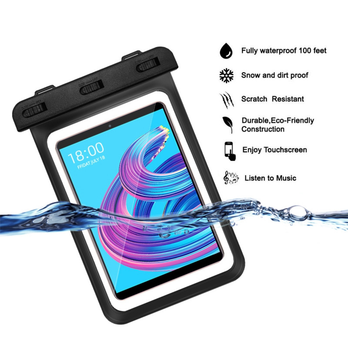 Ein Tablet befindet sich in einer wasserdichten Hülle und schwimmt im Wasser; Text beschreibt die Funktionen.