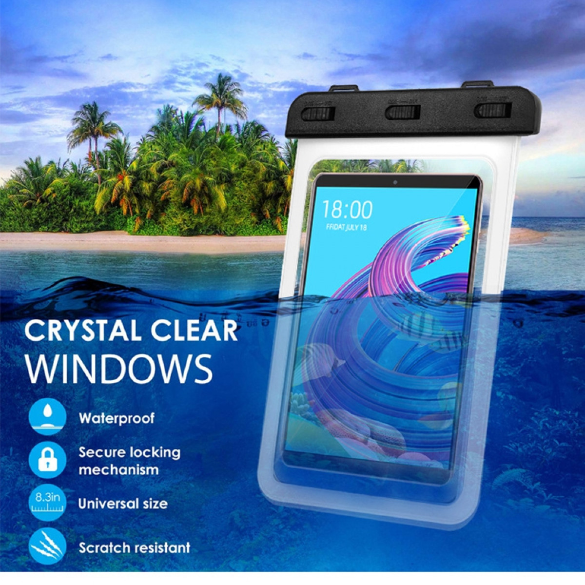 Tablet in wasserdichter Hülle unter Wasser. Text auf der Hülle lautet „Crystal Clear Windows“.