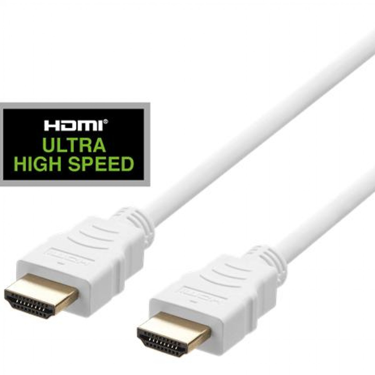 Weißes HDMI-Kabel mit vergoldeten Steckern und einem schwarz-grünen Textetikett.