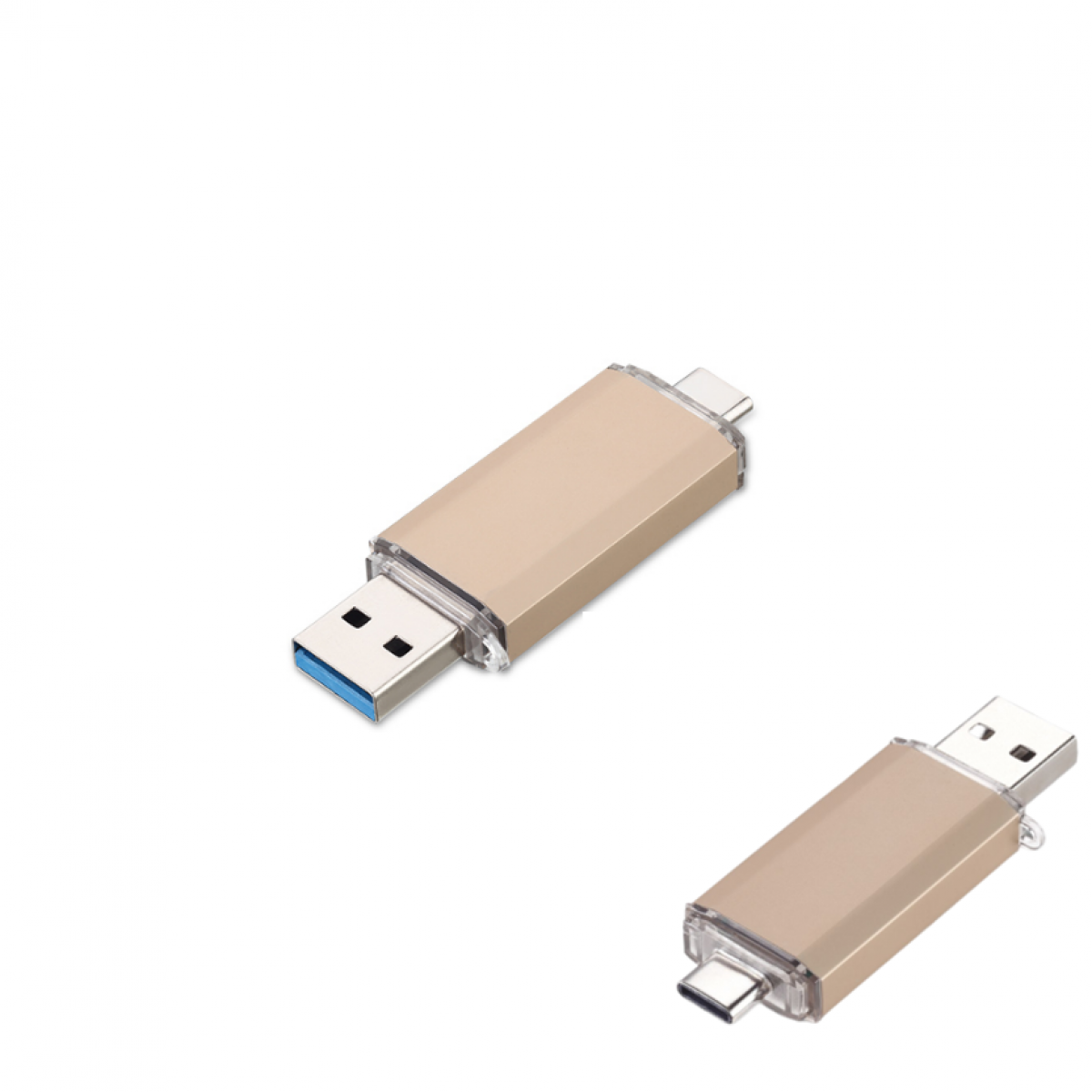 Due chiavette USB dorate su sfondo bianco. Una inserita, l'altra è appoggiata sulla superficie.