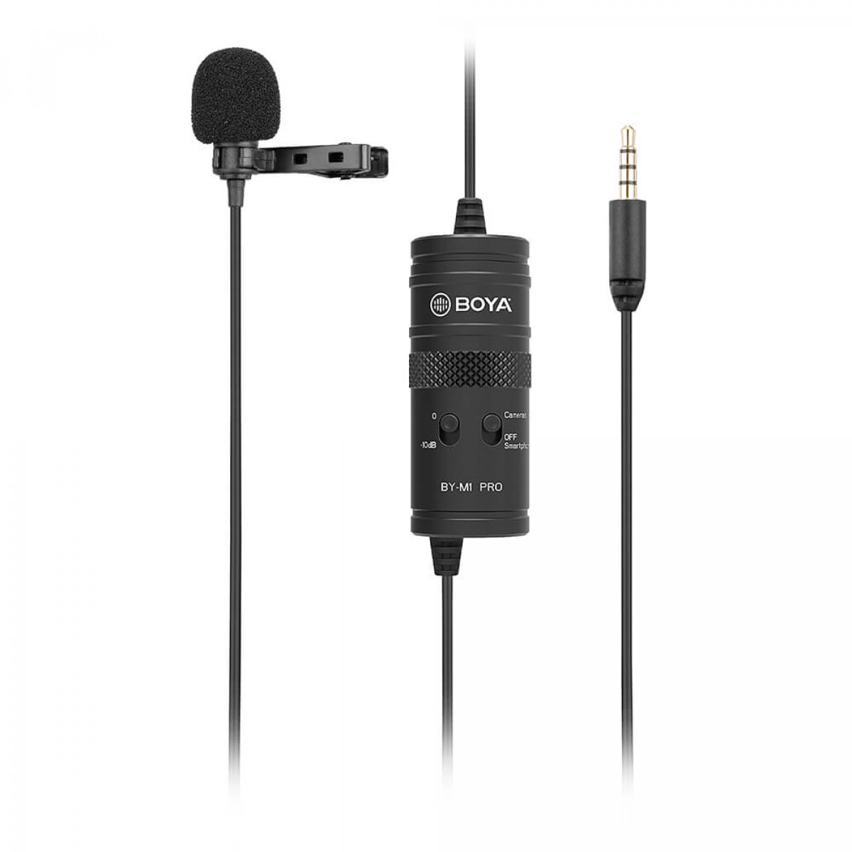 Czarny mikrofon z klipsem i złączem. Jest to mikrofon BY-MM1 PRO.