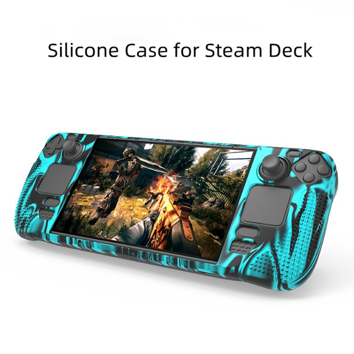 Eine teal- und schwarze Silikonhülle für ein Steam Deck-Spielgerät, die eine Spielszene auf dem Bildschirm zeigt.