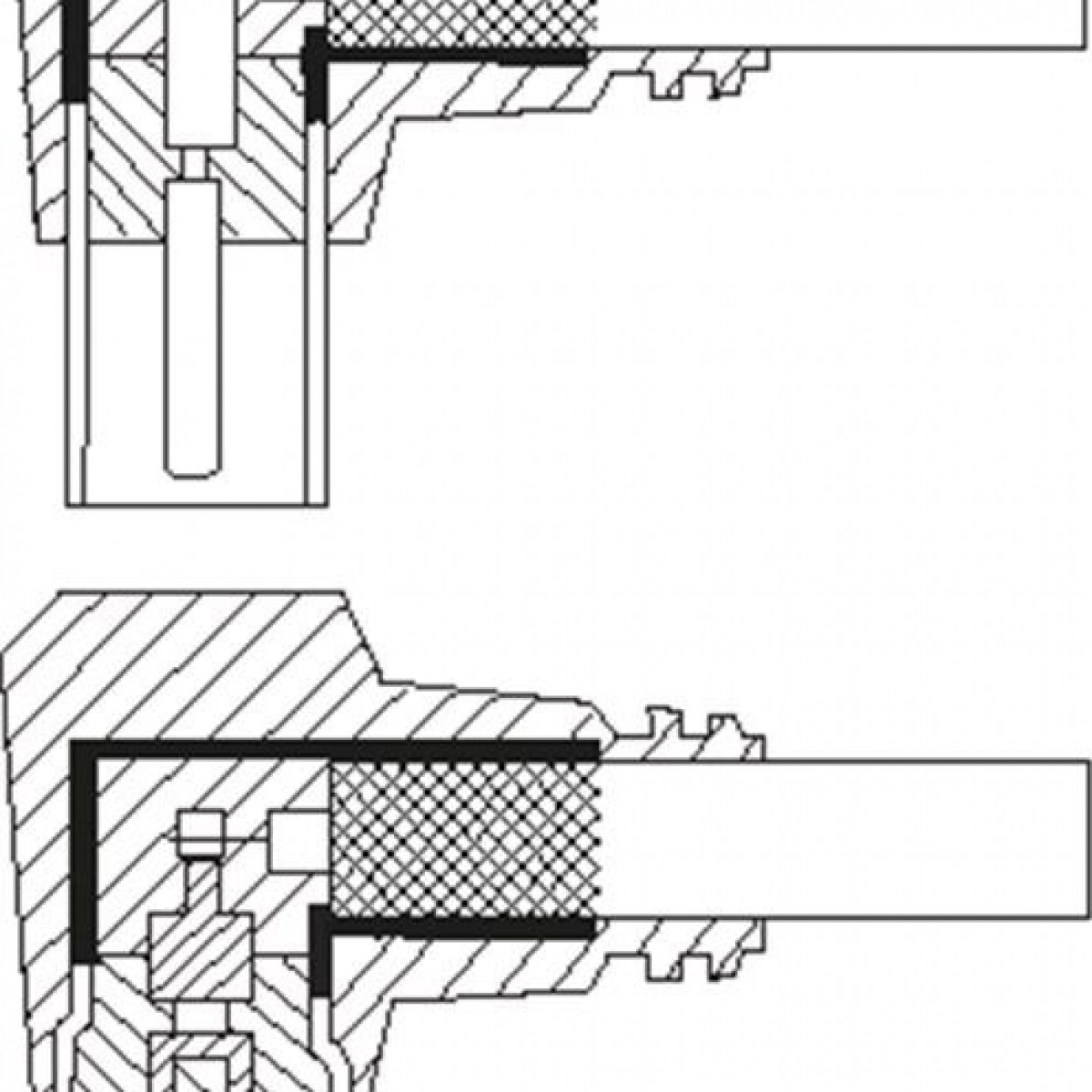 Dos diagramas técnicos con secciones transversales. Fondo blanco, con líneas negras y sombreado cruzado.