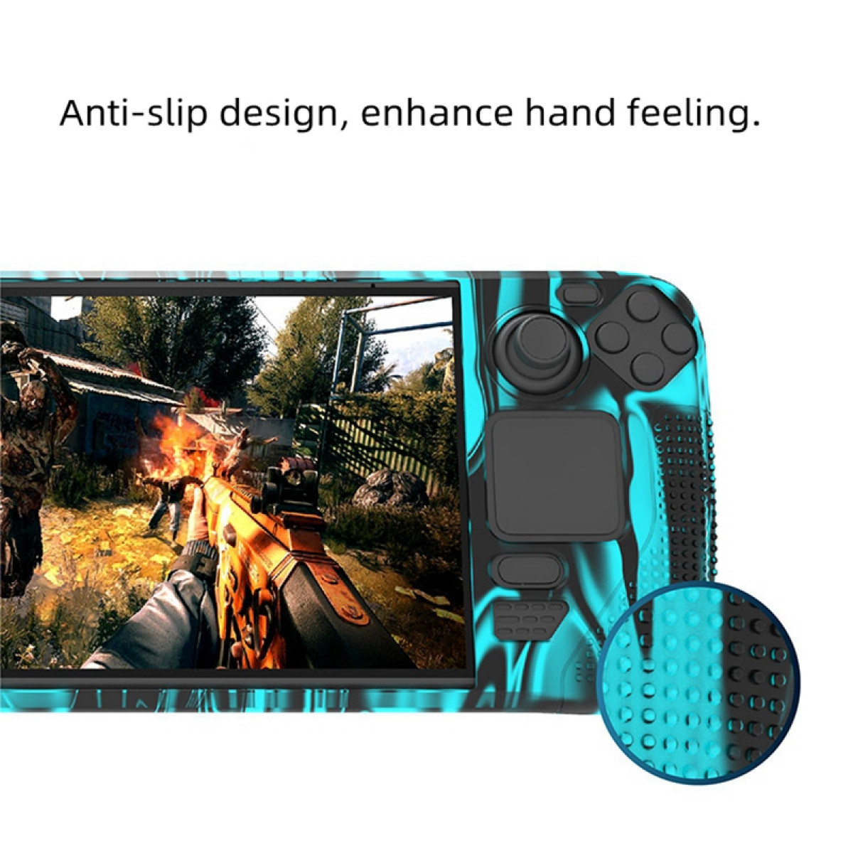 Spielkonsole mit blau-schwarzem gemusterten Skin, Nahaufnahme auf weißem Hintergrund.