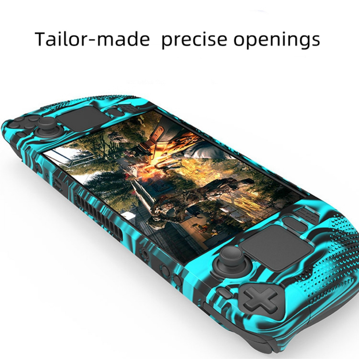 Eine türkis-schwarze Spielekonsolenhülle zeigt eine Spielszene. Der Text "Tailor-made precise openings" erscheint.