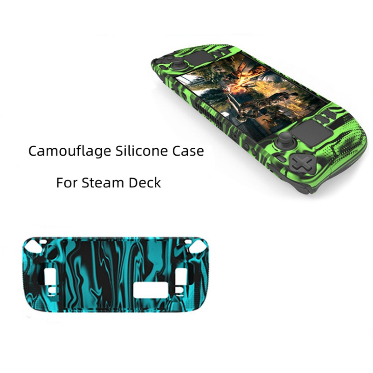 Eine grüne und schwarze Tarnmuster Steam Deck Hülle und eine weitere blau-schwarze Hülle mit Umriss.
