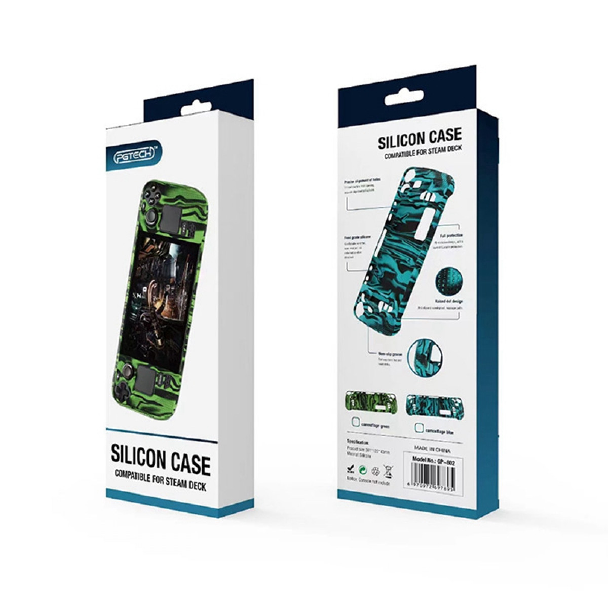 Zwei Boxen mit grünen und schwarzen Grafiken. Die Boxen sind für ein Silikon-Case.