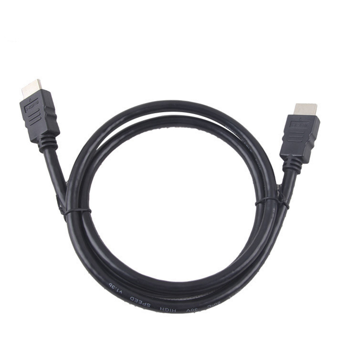 A black HDMI cable with connectors on both ends, lying on a white surface. The cable is slightly curved.