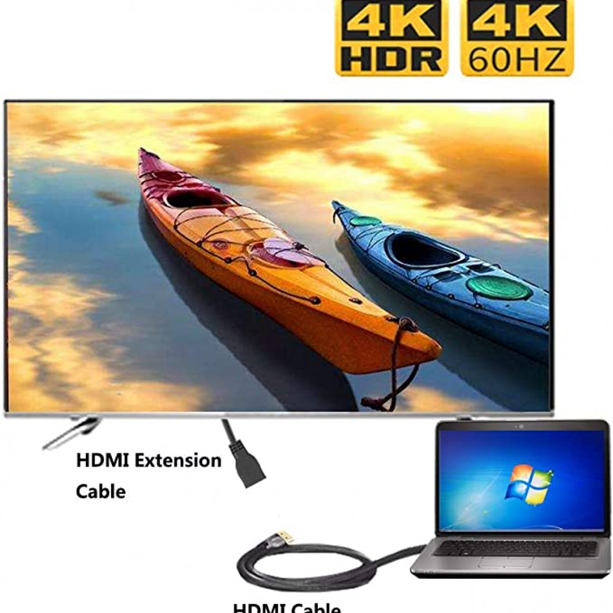 A TV showing kayaking scene, with cables and a laptop.