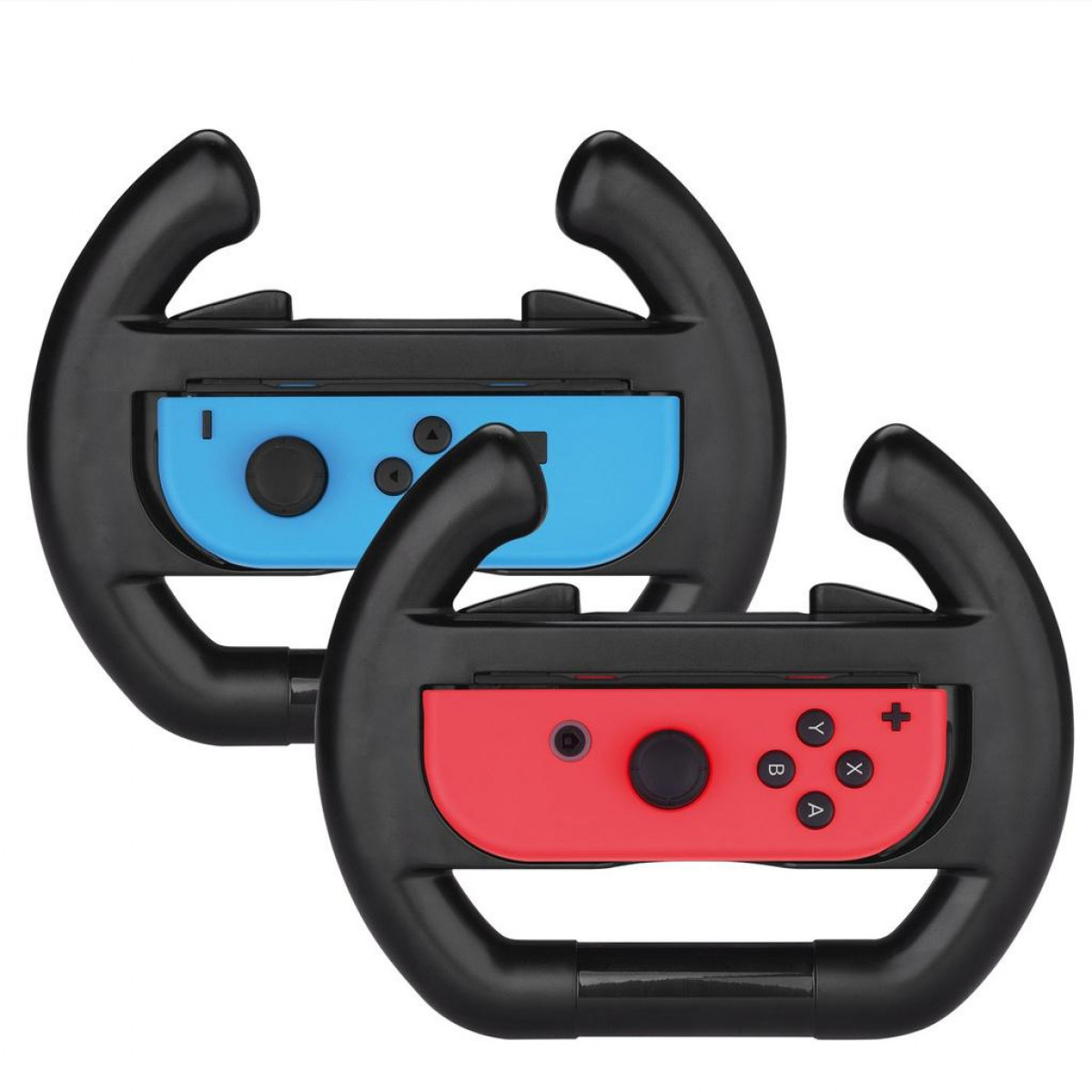 Dos accesorios de volante negros para los mandos de Nintendo Switch, uno rojo, otro azul.