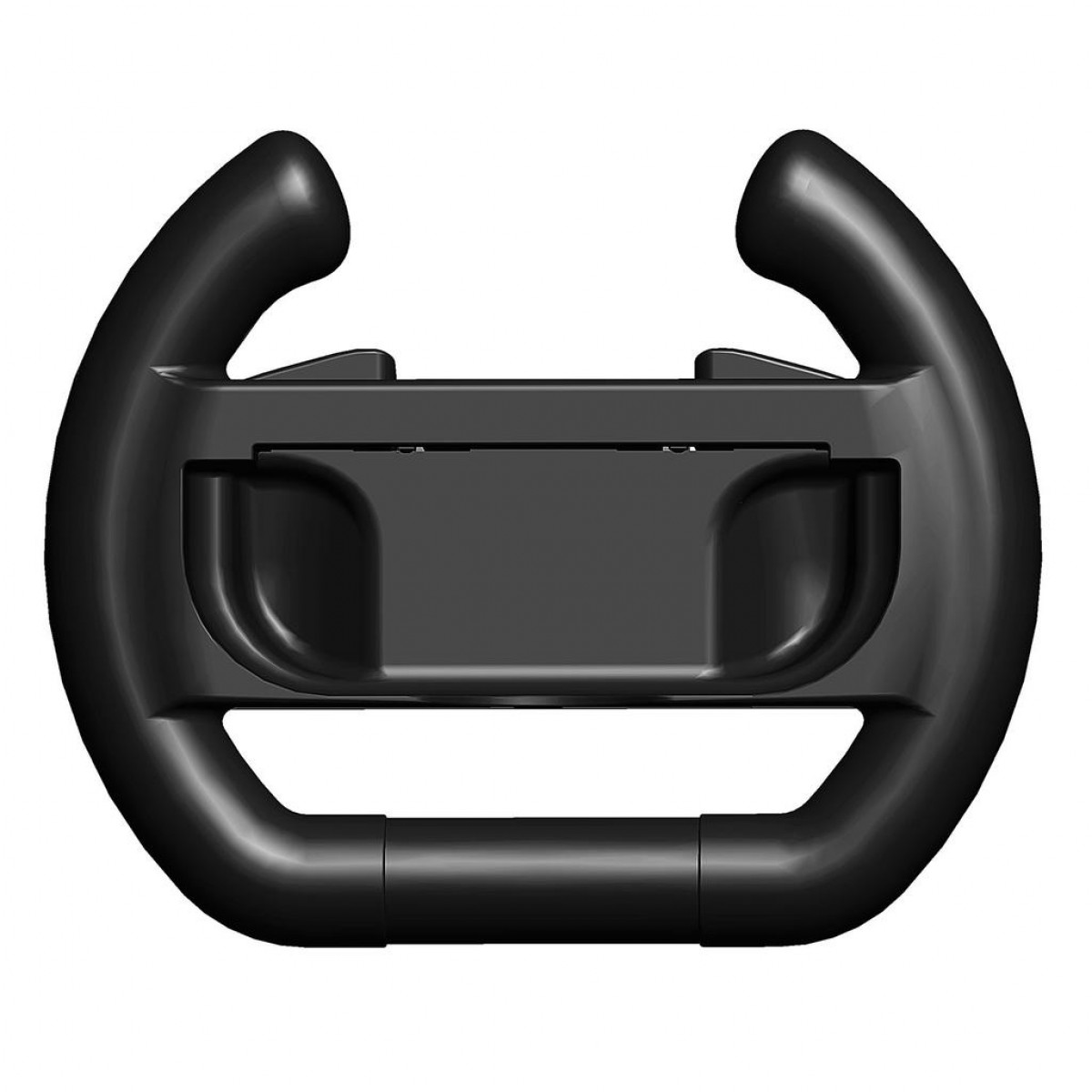 Volante negro para consola de juegos, con un diseño simple y limpio.