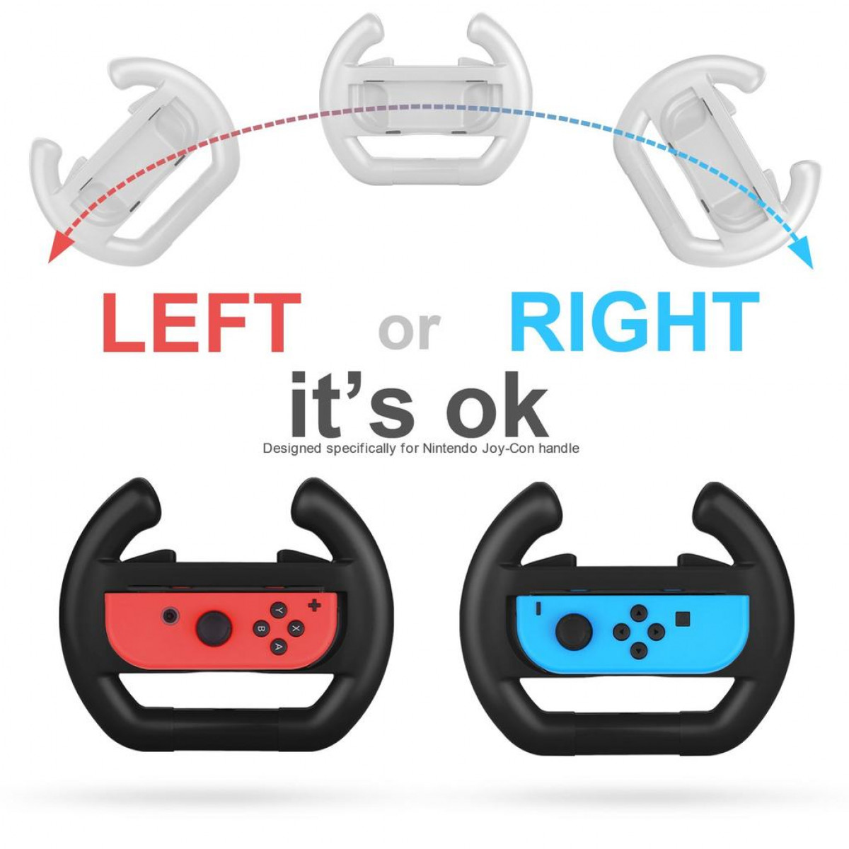 Mandos de volante de juego, con botones rojos y azules, etiquetados como "IZQUIERDA" y "DERECHA".