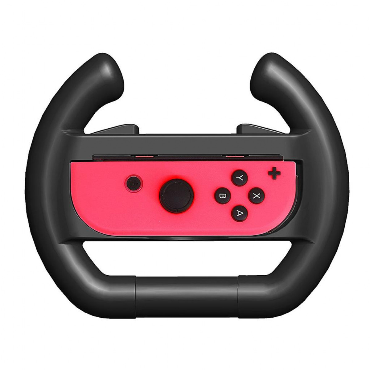Volante negro para consola de juegos con mando rojo en el centro.