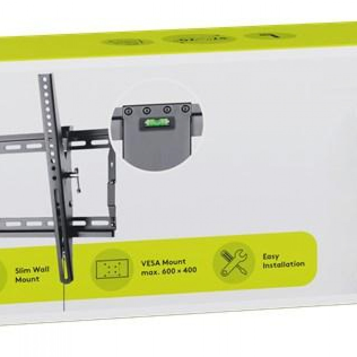 Box zeigt eine TV-Halterung mit Diagrammen. Enthält Text: Slim Wall Mount, VESA Mount, Easy Installation.