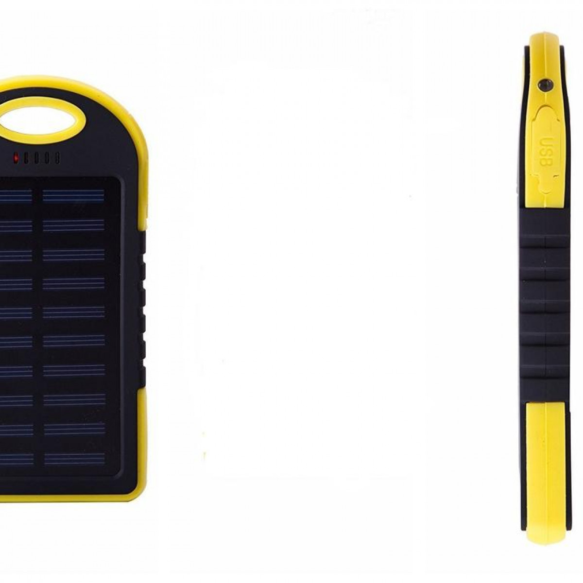 Un banco de energía solar amarillo y negro con panel solar y puerto USB, sobre una superficie blanca.