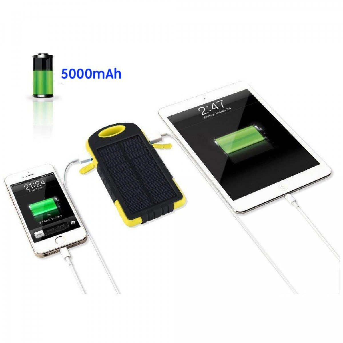 Dispositivos cargando desde un panel solar, con icono de batería visible.