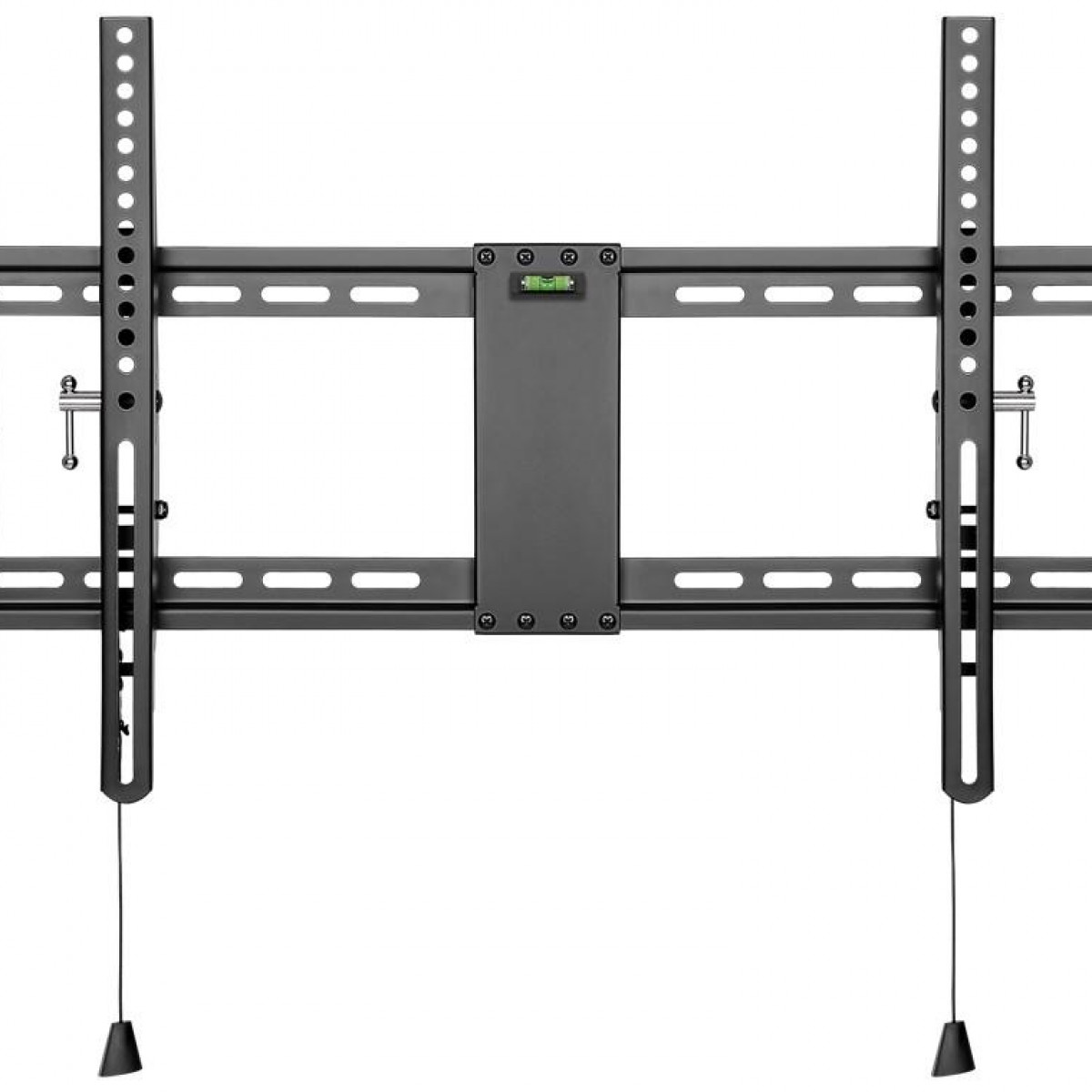 Eine schwarze TV-Halterung mit Befestigungsmaterial; horizontale Balken und vertikale Schienen.