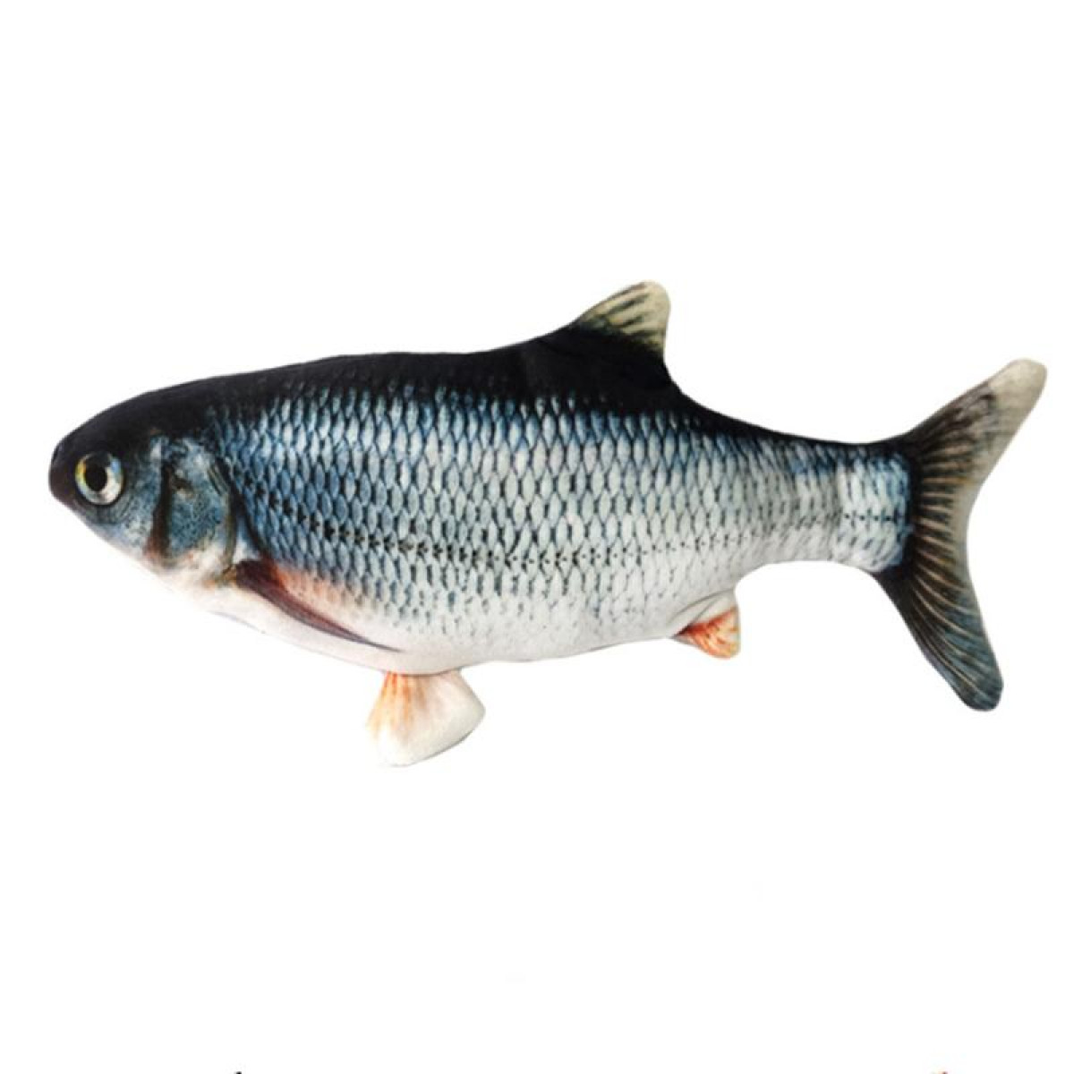 Ein realistisches Fischspielzeug wird auf einer weißen Oberfläche gezeigt.