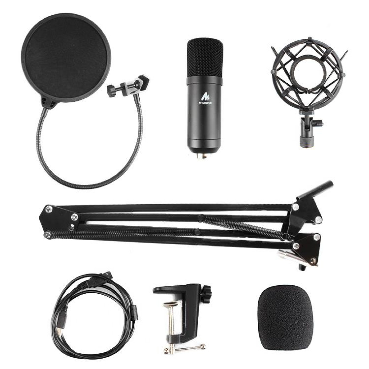 Ein Mikrofon-Setup mit Pop-Filter, Ständer und Kabel, alles vor weißem Hintergrund.