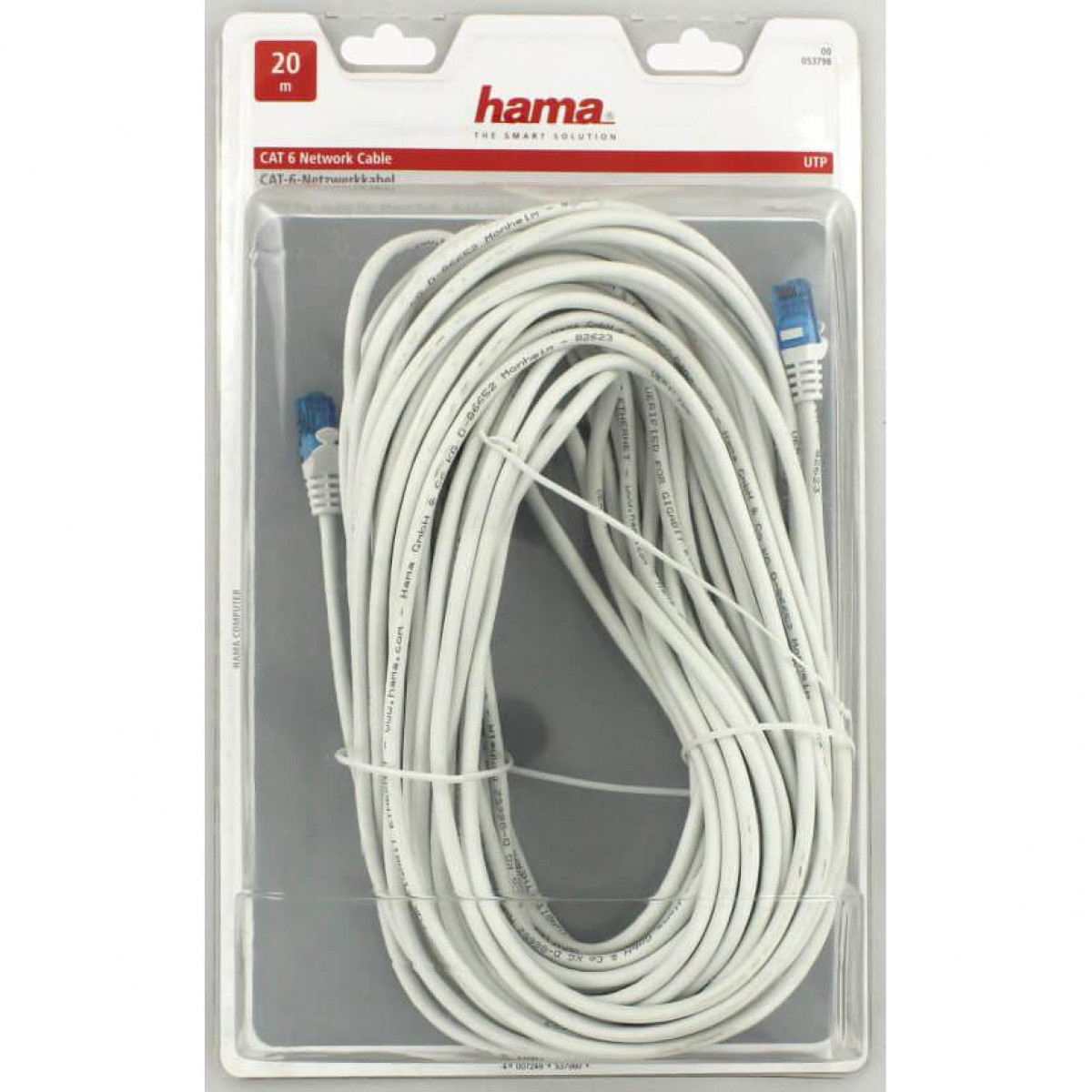 Weißes Netzwerkkabel in Kunststoffverpackung. Das Kabel ist gefaltet. Blaue Stecker sind sichtbar.