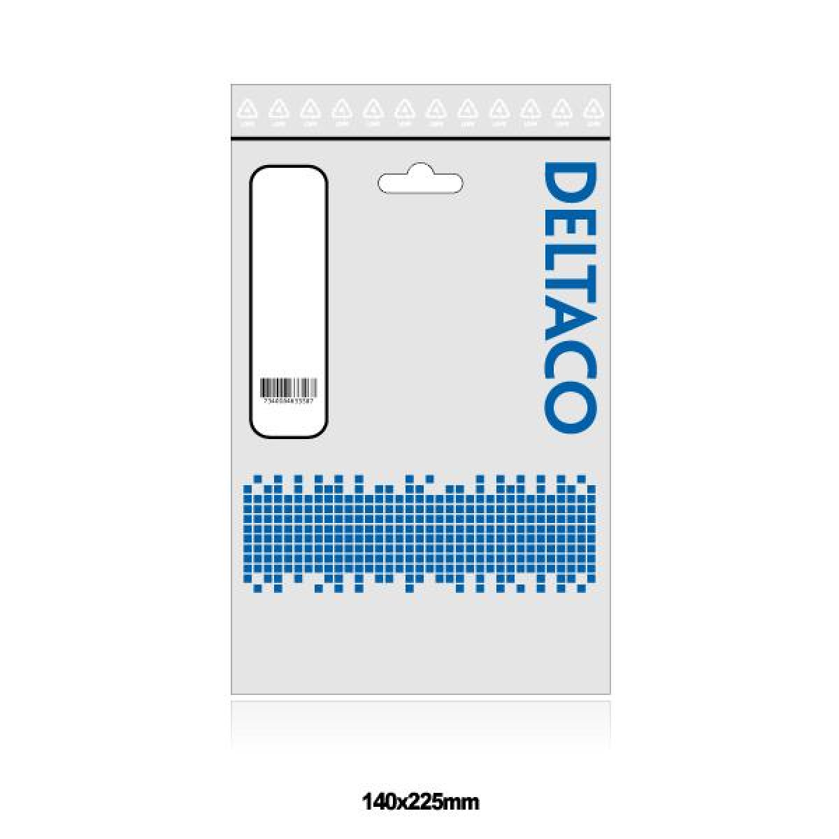 Weiße und graue Deltaco-Produktverpackung mit Barcode, einfachem Design und dem Text „DELTACO“.