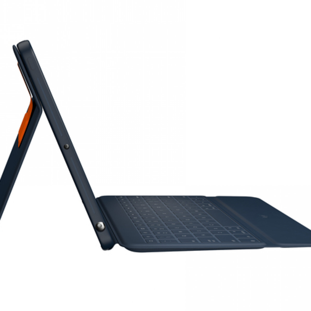 Un tablet blu scuro con tastiera attaccata e accento arancione su sfondo bianco.