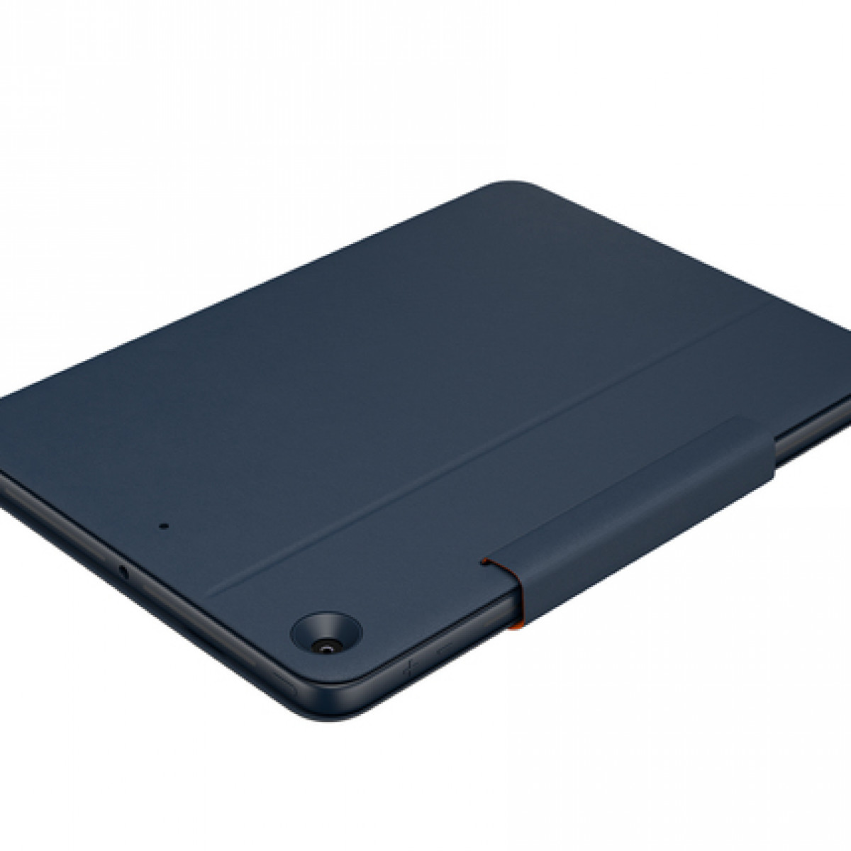 Tablet blu scuro in custodia protettiva, con ritaglio fotocamera e supporto.