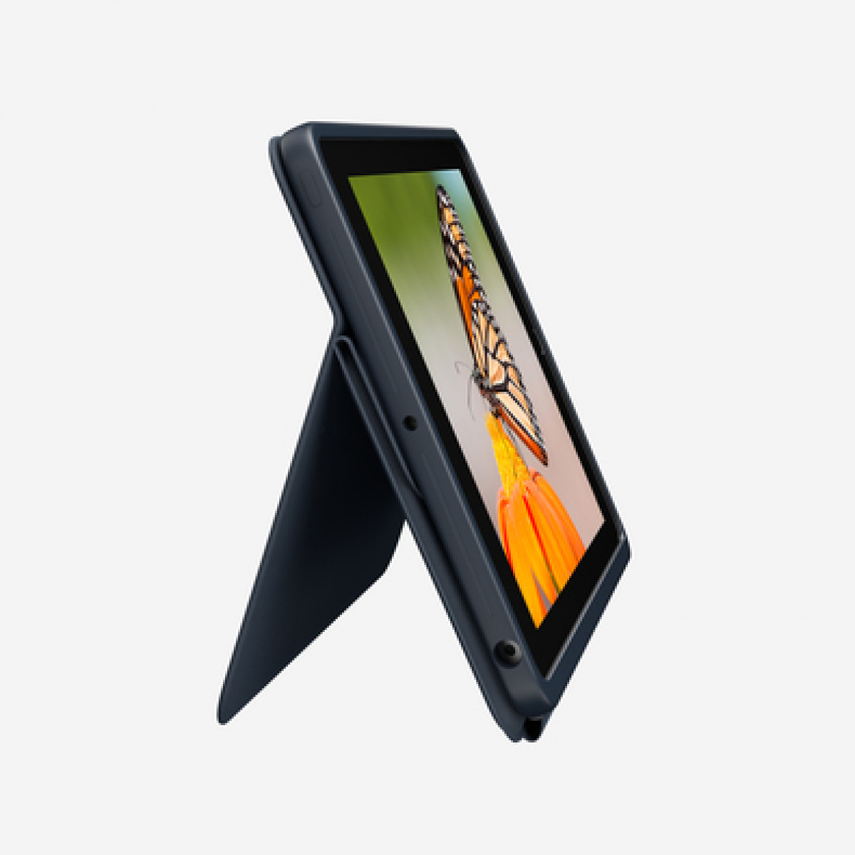 Tablet blu scuro con supporto e farfalla sullo schermo.