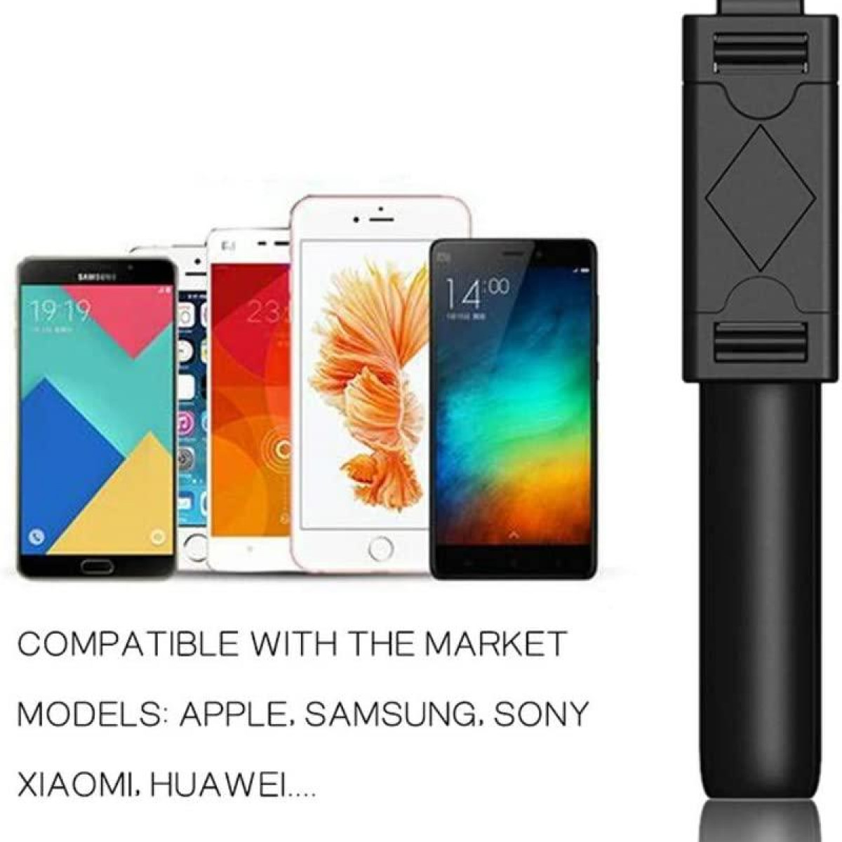 Wyświetlanych jest kilka smartfonów i czarny kijek do selfie, z tekstem na dole.