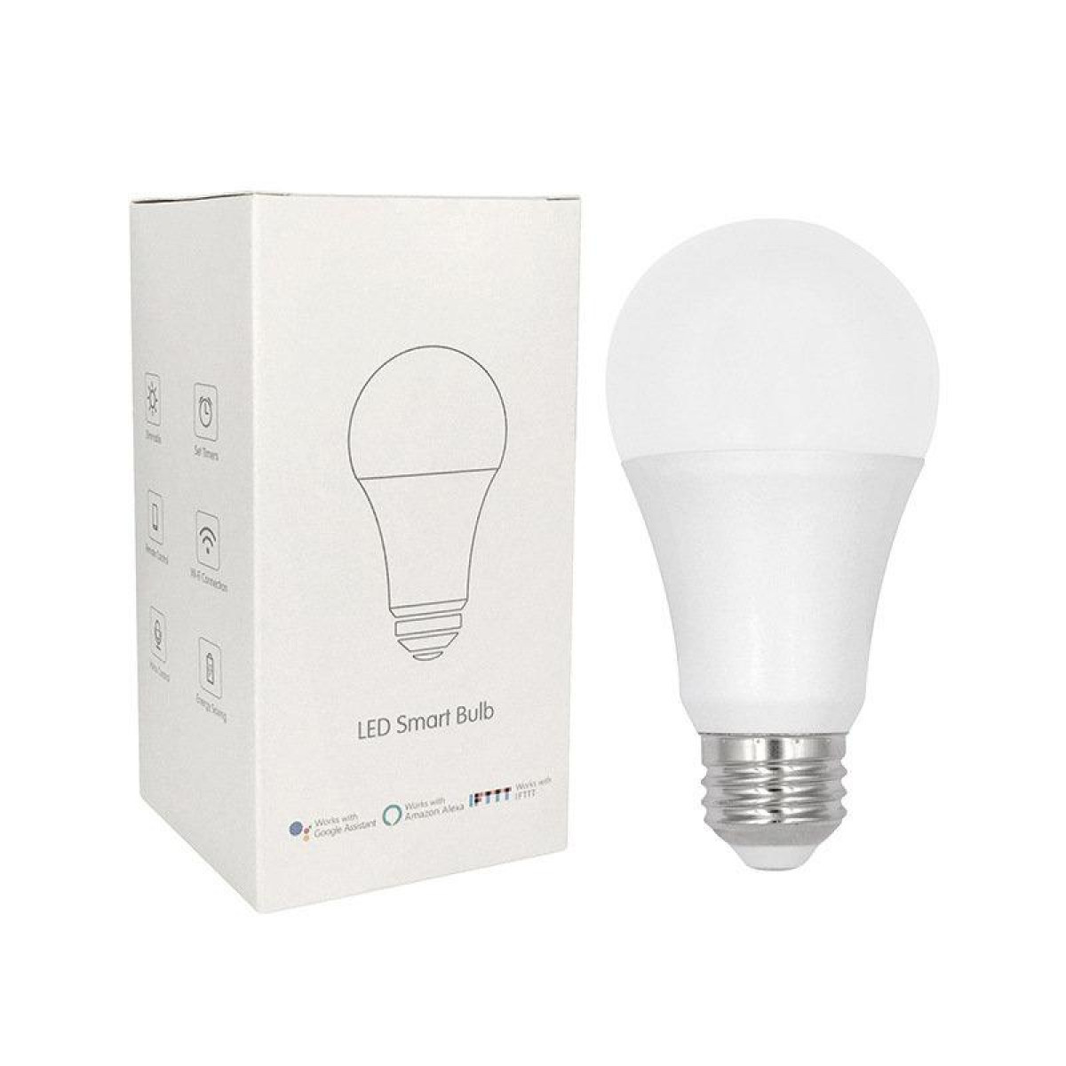 Weiße LED-Smart-Glühbirne neben ihrer weißen Verpackung. Die Glühbirne ist rechts.