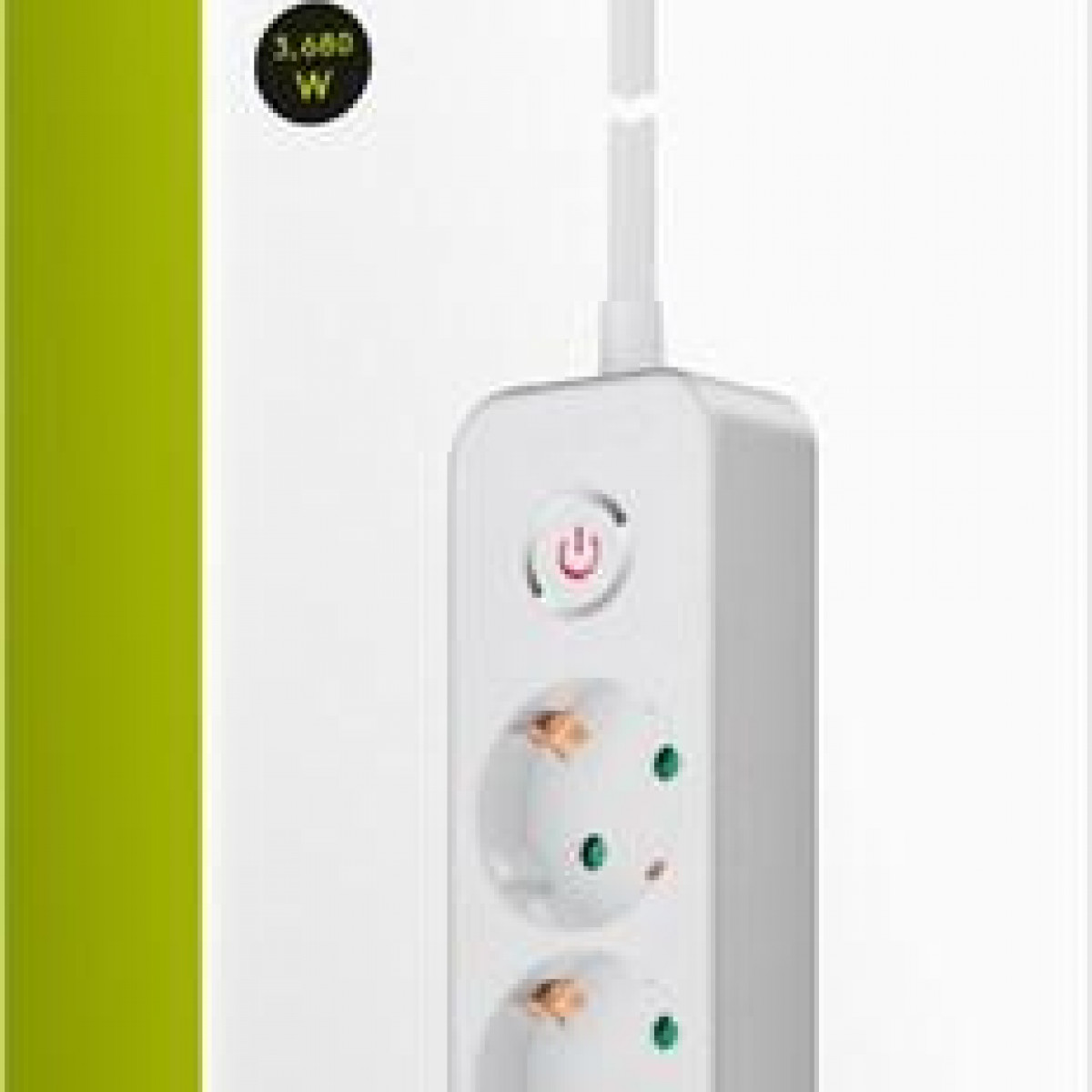 Eine weiße Steckdosenleiste mit drei Steckdosen, einem Ein-/Ausschalter und einem weißen Netzkabel.