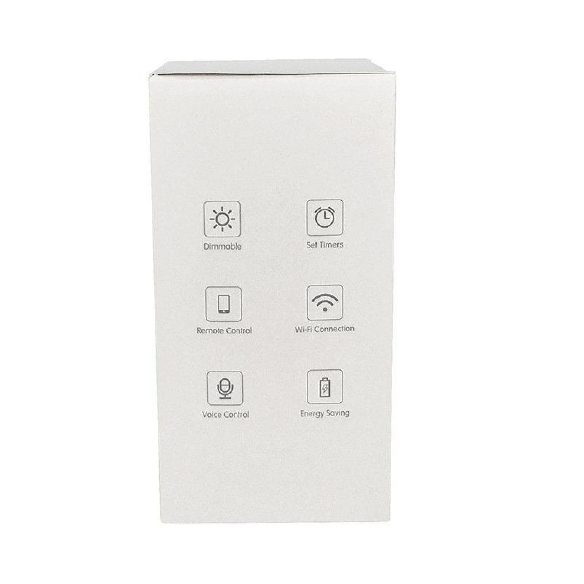 Eine weiße Box mit Symbolen für Dimmen, Timer, Fernbedienung, WLAN, Sprachsteuerung und Energiesparen.