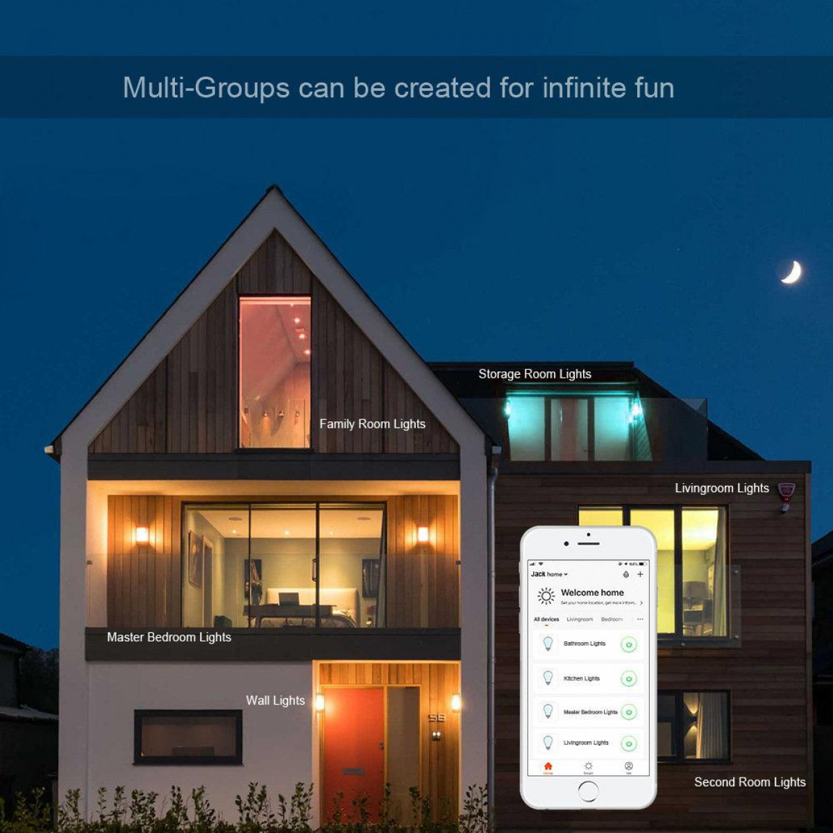 Modernes Haus bei Nacht beleuchtet mit Smart Home Interface auf dem Handy.