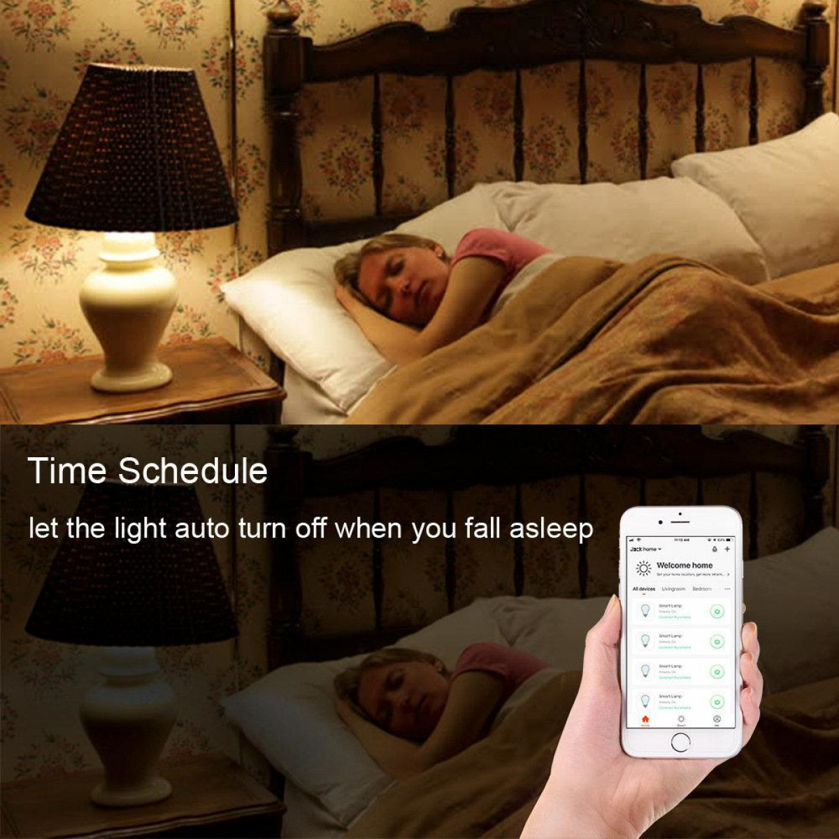Ein Schlafzimmer mit einer schlafenden Frau, einer Lampe und einem Smartphone mit Smart-Home-App.