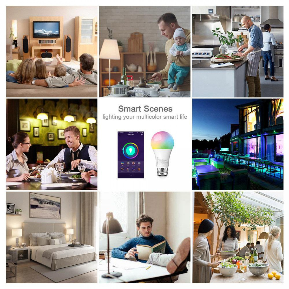 Eine Collage von Smart-Home-Szenen: Menschen in verschiedenen Umgebungen, die Smart-Geräte nutzen.