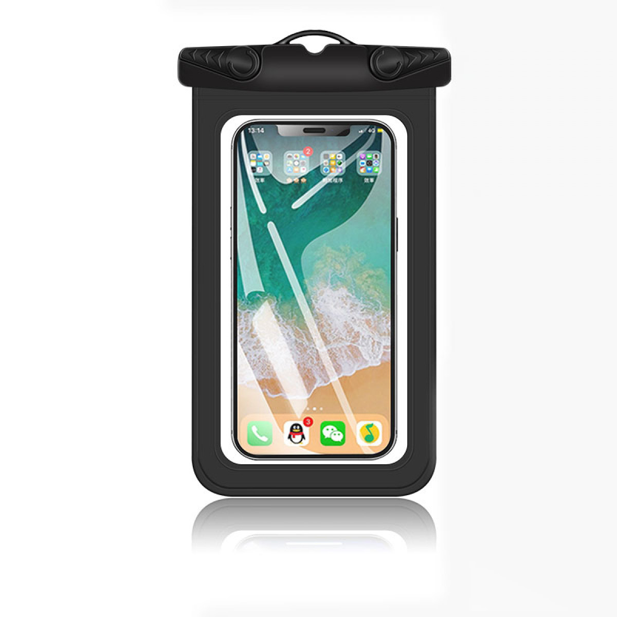 Czarny, wodoodporny pokrowiec na telefon zawierający telefon wyświetlający ikony.